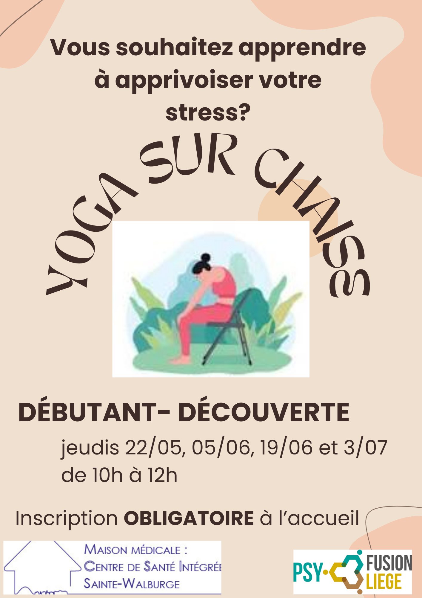 Yoga sur chaise les jeudis 22/5, 5/6, 19/6 et 3/7 de 10h à 12h